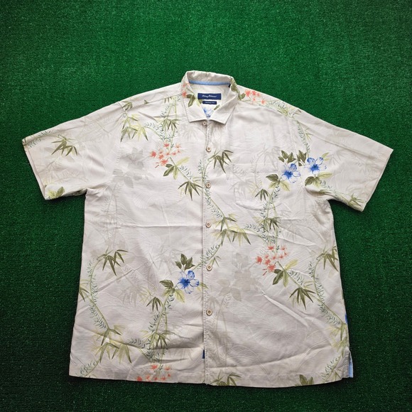 Tommy Bahama Other - Tommy Bahama Shirt Mens XL‎ Cream Blue 100% Silk Jacquard Floral Camp Tropical